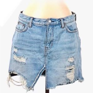 We The Free People Sz 29 Blue Jean Denim Mini Skirt Raw Hem Distressed Cotton
